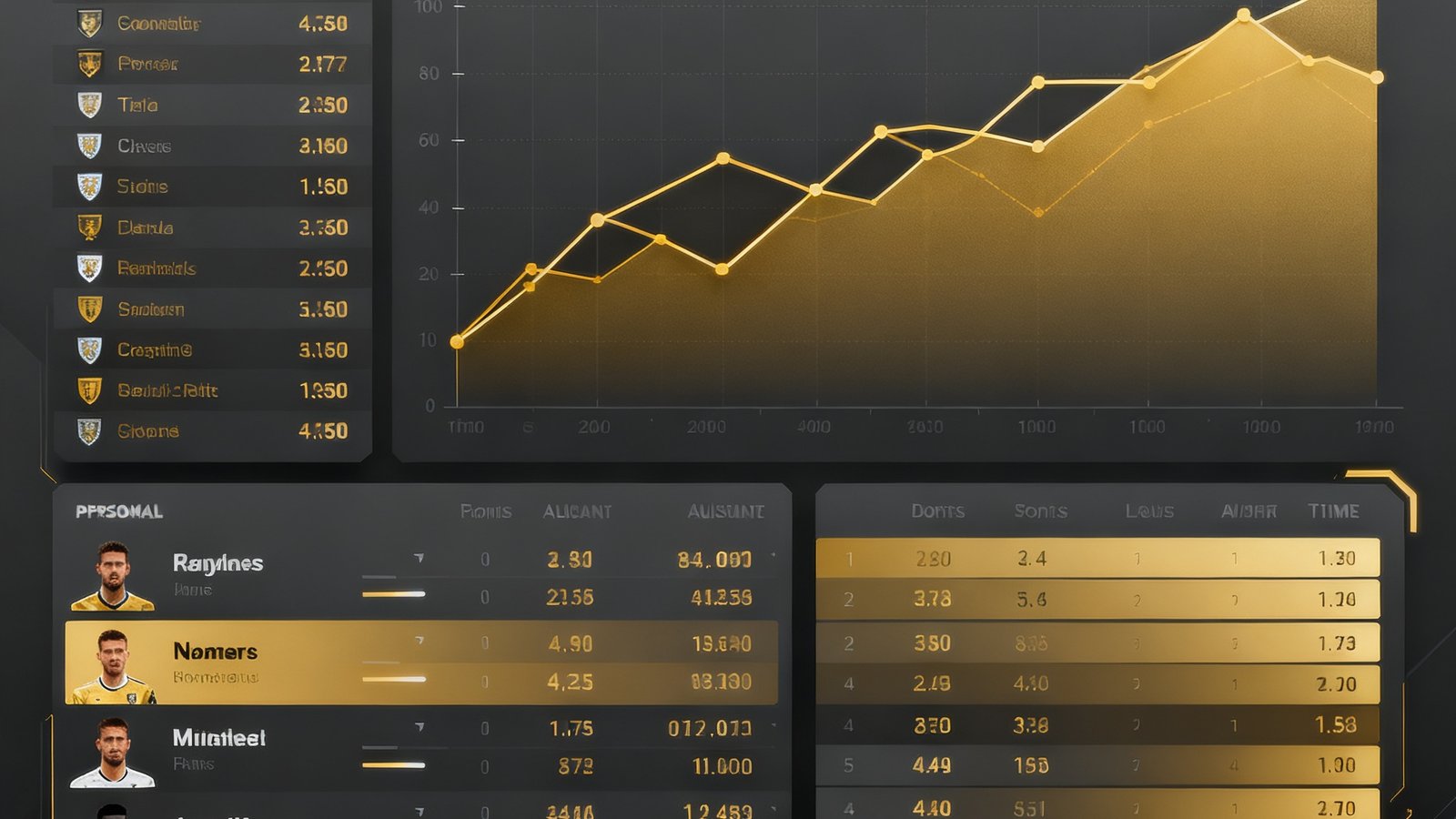 一张展示英超联赛实时数据仪表盘的界面截图，包含球队排名、积分变化趋势折线图和球员个人数据对比面板，整体配色为深灰与金色，科技感十足